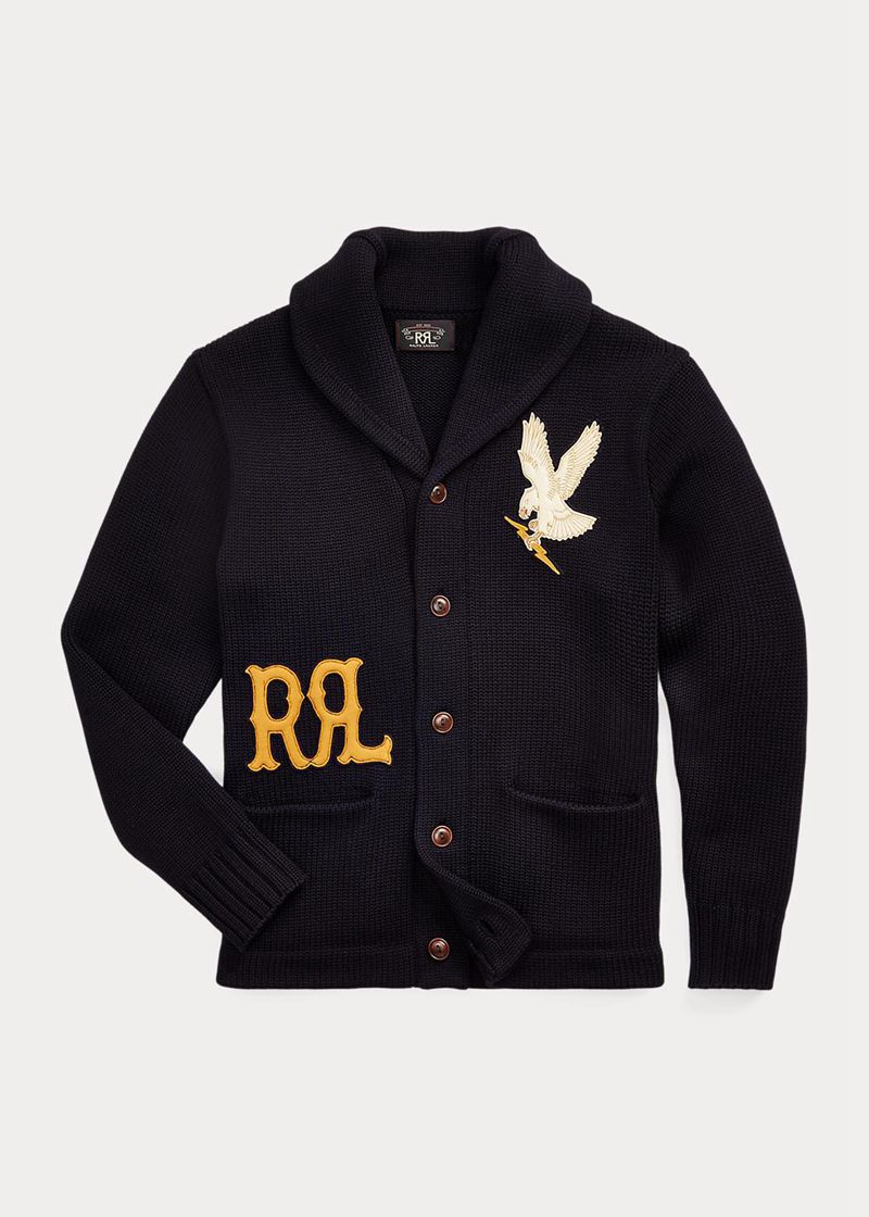 Sweater RRL Męska Granatowe Appliqued Wełna Cardigan 950276-LGV
